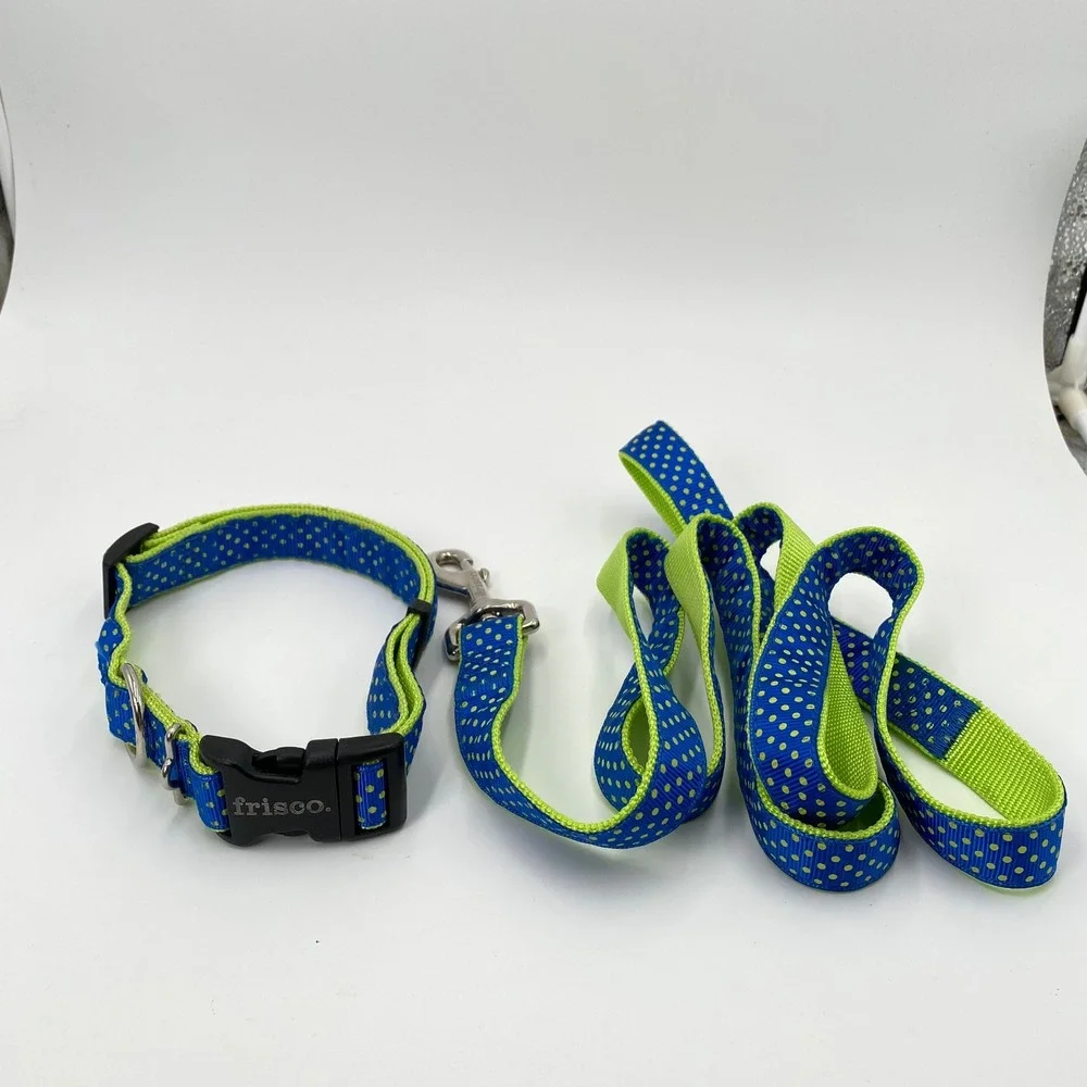 Frisco Dog Collar‎ and Leash Set Blue Green Polka Dot Adjustable Pet Walking